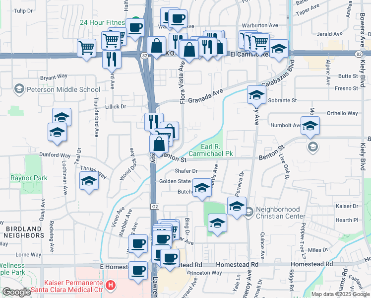 map of restaurants, bars, coffee shops, grocery stores, and more near 3794 Flora Vista Avenue in Santa Clara