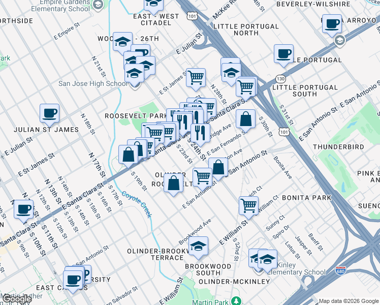 map of restaurants, bars, coffee shops, grocery stores, and more near 55 Carnegie Square in San Jose