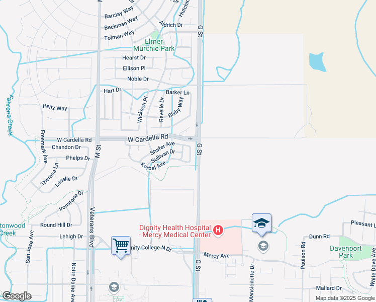 map of restaurants, bars, coffee shops, grocery stores, and more near 4218 Berryesa Avenue in Merced