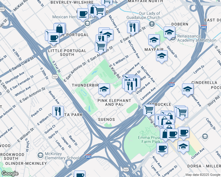 map of restaurants, bars, coffee shops, grocery stores, and more near 1631 Los Suenos Avenue in San Jose