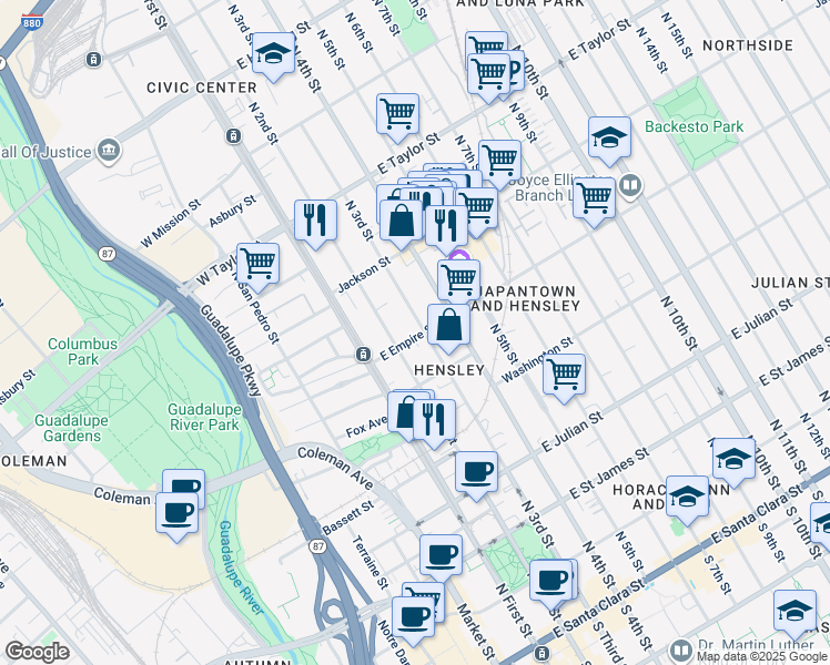 map of restaurants, bars, coffee shops, grocery stores, and more near 55 East Empire Street in San Jose
