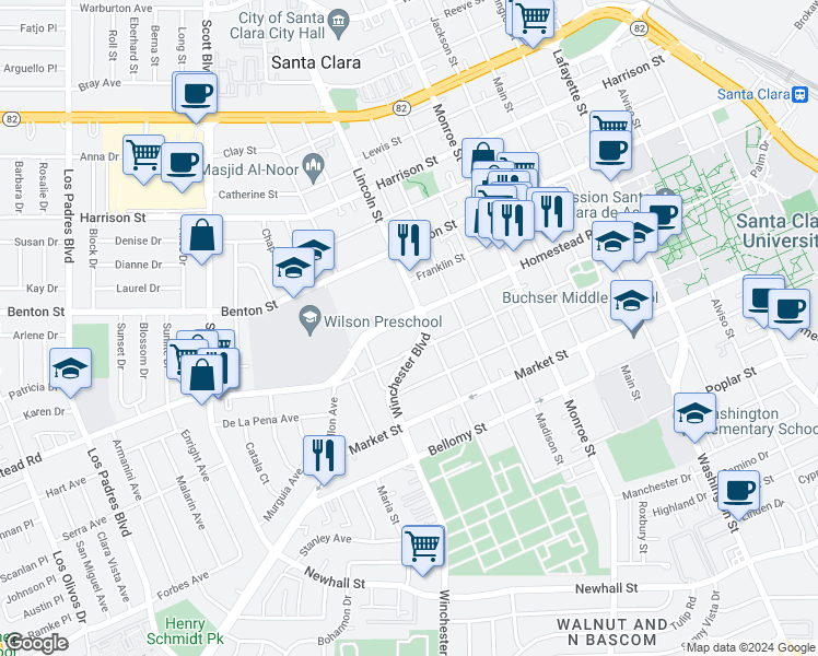 map of restaurants, bars, coffee shops, grocery stores, and more near 848 North Winchester Boulevard in Santa Clara