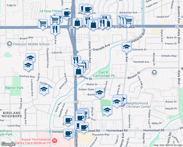 map of restaurants, bars, coffee shops, grocery stores, and more near 3794 Flora Vista Avenue in Santa Clara