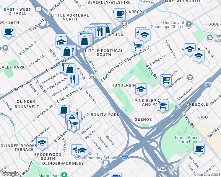 map of restaurants, bars, coffee shops, grocery stores, and more near 300 South 31st Street in San Jose