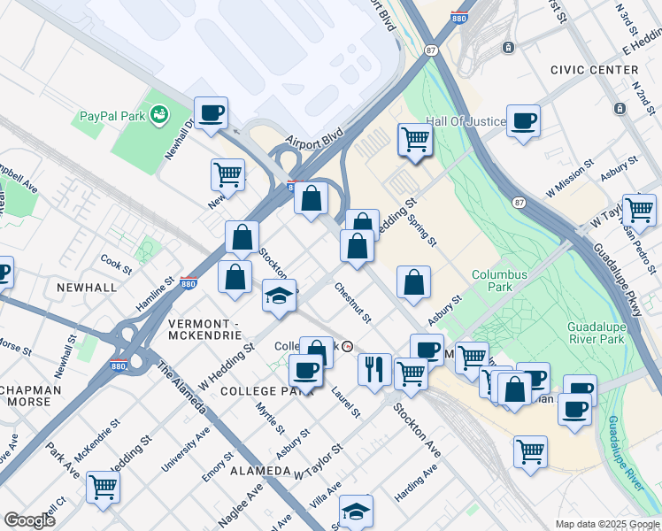 map of restaurants, bars, coffee shops, grocery stores, and more near 629 West Hedding Street in San Jose