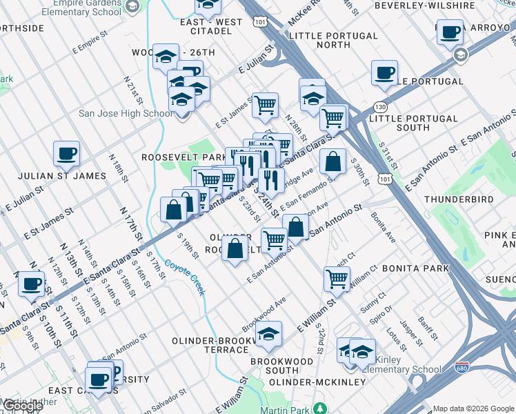 map of restaurants, bars, coffee shops, grocery stores, and more near 55 Carnegie Square in San Jose