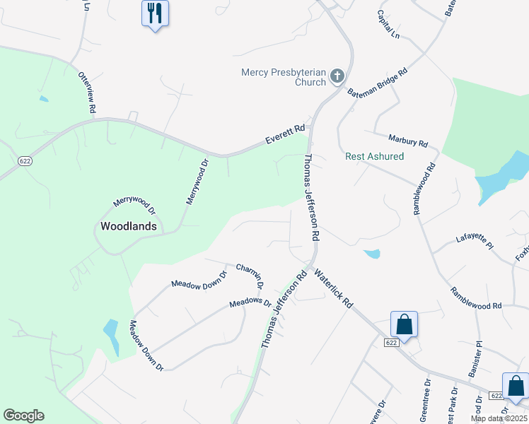 map of restaurants, bars, coffee shops, grocery stores, and more near 107 Cimarron Road in Forest