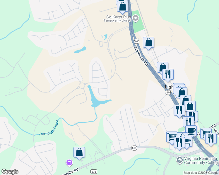 map of restaurants, bars, coffee shops, grocery stores, and more near 6739 Evensong Lane in Williamsburg