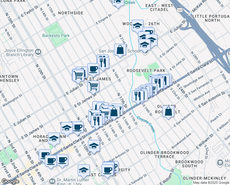 map of restaurants, bars, coffee shops, grocery stores, and more near 132 North 16th Street in San Jose