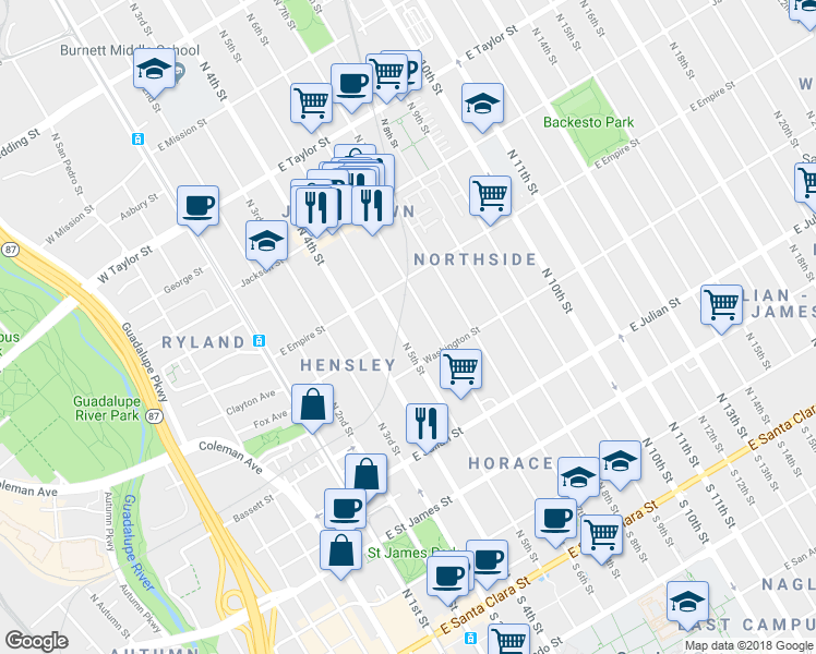 map of restaurants, bars, coffee shops, grocery stores, and more near 450 North 5th Street in San Jose