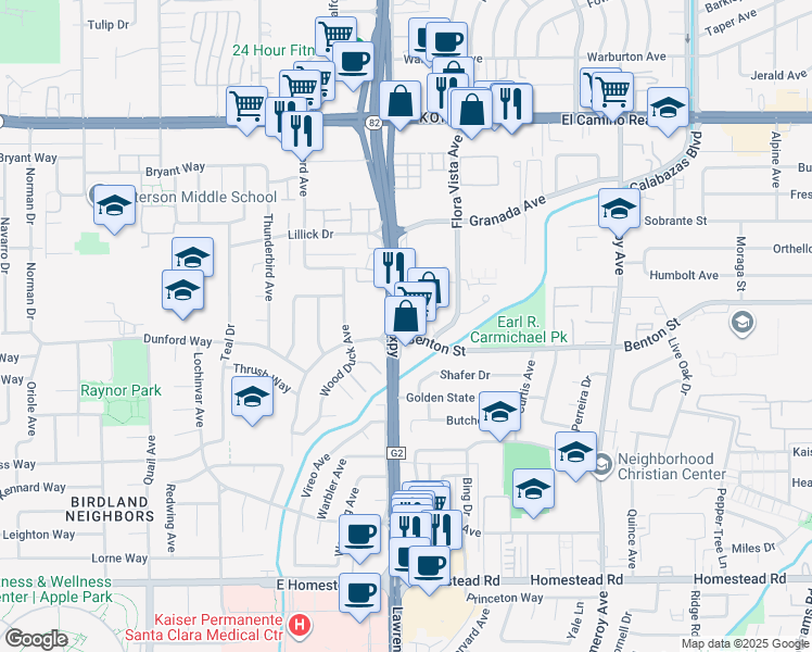 map of restaurants, bars, coffee shops, grocery stores, and more near 3595 Benton Street in Santa Clara