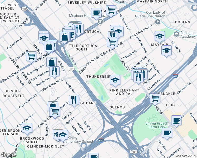 map of restaurants, bars, coffee shops, grocery stores, and more near 1489 Carnoustie Court in San Jose