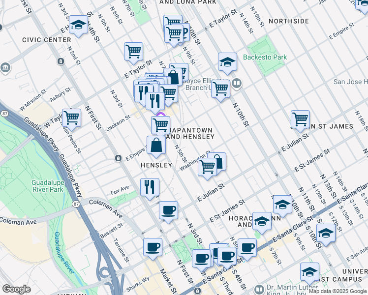 map of restaurants, bars, coffee shops, grocery stores, and more near 450 North 5th Street in San Jose