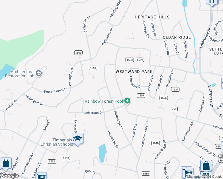 map of restaurants, bars, coffee shops, grocery stores, and more near 565-581 Dawnridge Dr in Timberlake