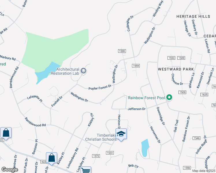 map of restaurants, bars, coffee shops, grocery stores, and more near Poplar Forest Drive in Forest