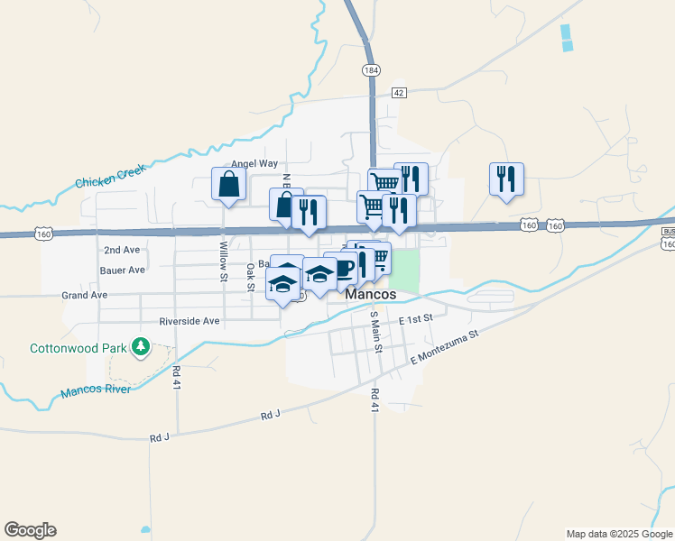 map of restaurants, bars, coffee shops, grocery stores, and more near 209 Bauer Avenue in Mancos