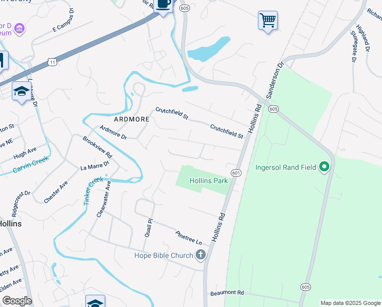 map of restaurants, bars, coffee shops, grocery stores, and more near 6615 Bryant Circle in Hollins