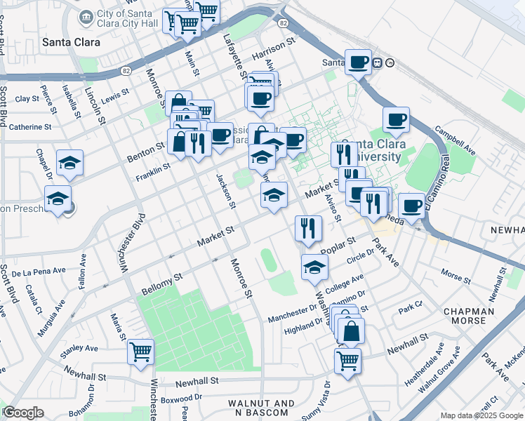 map of restaurants, bars, coffee shops, grocery stores, and more near 615 Main Street in Santa Clara