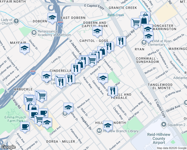 map of restaurants, bars, coffee shops, grocery stores, and more near 1197 Tallahassee Drive in San Jose