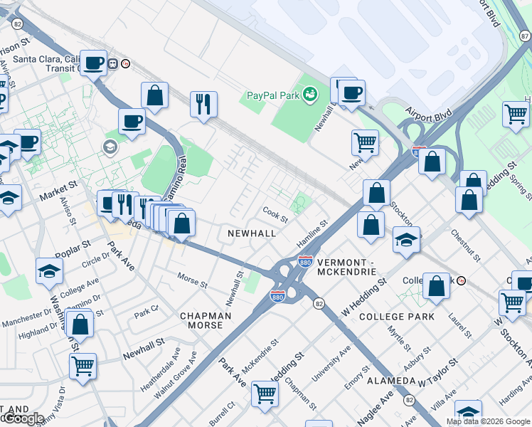 map of restaurants, bars, coffee shops, grocery stores, and more near 1133 Delno Avenue in San Jose