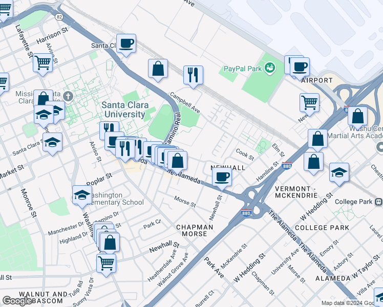 map of restaurants, bars, coffee shops, grocery stores, and more near 1178b Maple Avenue in San Jose