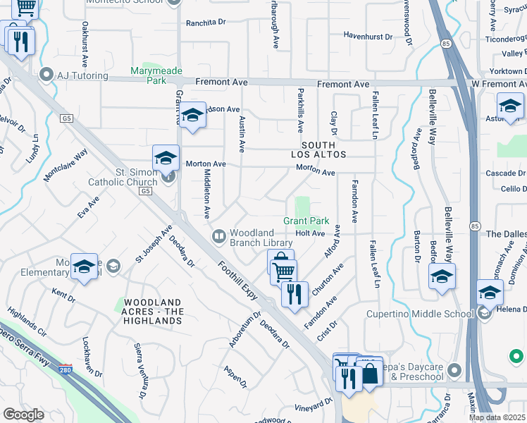 map of restaurants, bars, coffee shops, grocery stores, and more near 1470 Hollidale Court in Los Altos