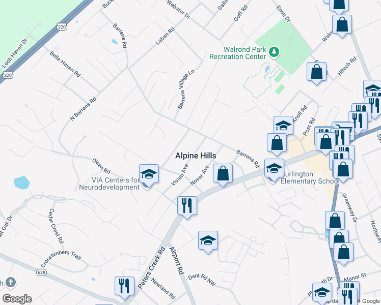 map of restaurants, bars, coffee shops, grocery stores, and more near 1141 Vivian Avenue in Roanoke