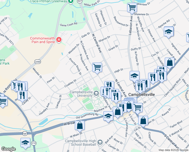 map of restaurants, bars, coffee shops, grocery stores, and more near 568-598 Hoskins Avenue in Campbellsville