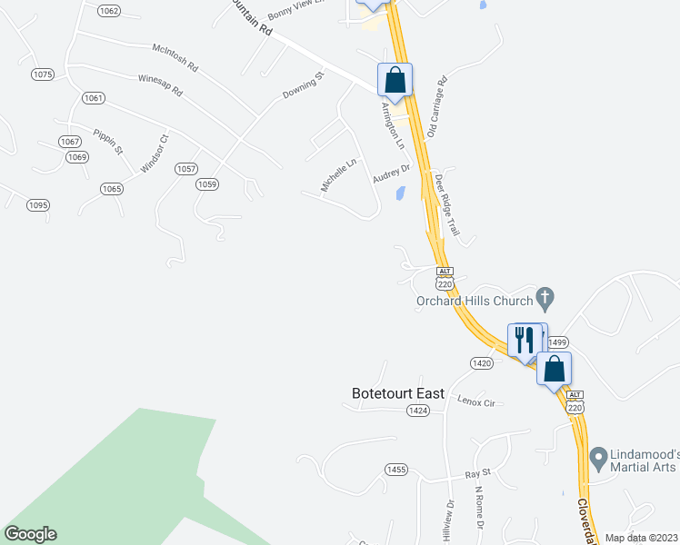 map of restaurants, bars, coffee shops, grocery stores, and more near 66 Najjum Lane in Roanoke