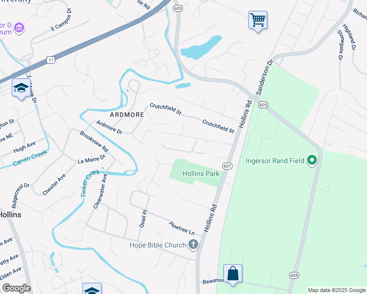 map of restaurants, bars, coffee shops, grocery stores, and more near 6615 Bryant Circle in Hollins