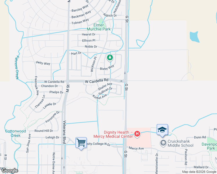 map of restaurants, bars, coffee shops, grocery stores, and more near 189 Korbel Avenue in Merced