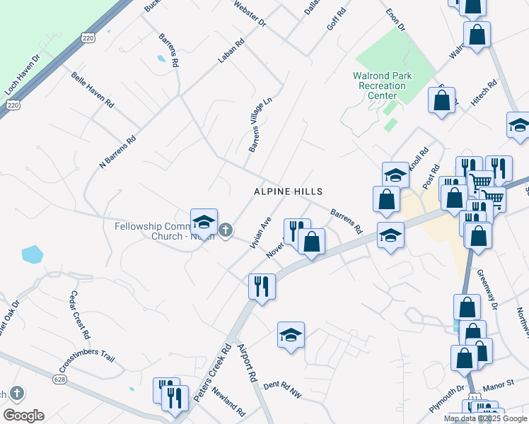 map of restaurants, bars, coffee shops, grocery stores, and more near 1141 Vivian Avenue in Roanoke
