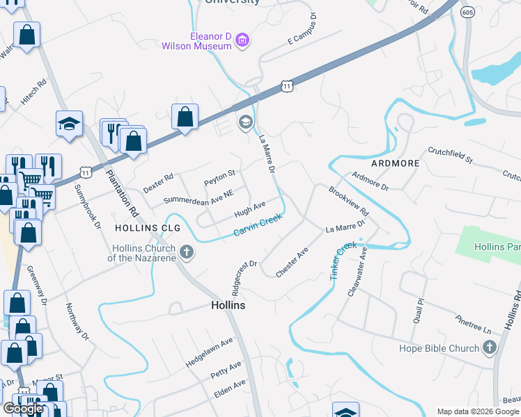 map of restaurants, bars, coffee shops, grocery stores, and more near 909 Hugh Avenue in Hollins