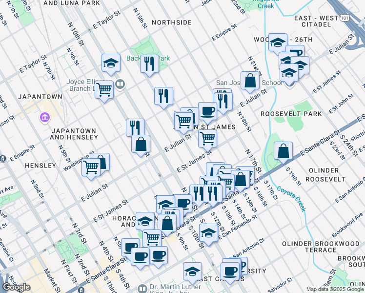 map of restaurants, bars, coffee shops, grocery stores, and more near 237 North 13th Street in San Jose