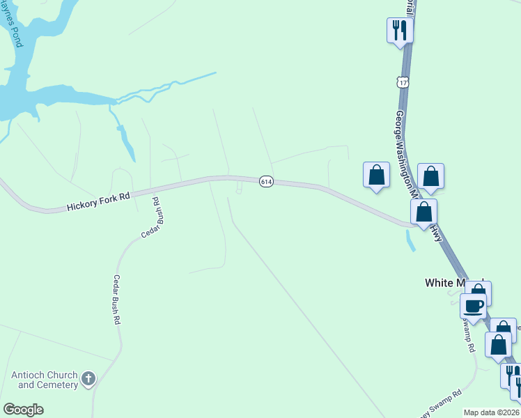 map of restaurants, bars, coffee shops, grocery stores, and more near 6426 Hickory Fork Road in Gloucester County