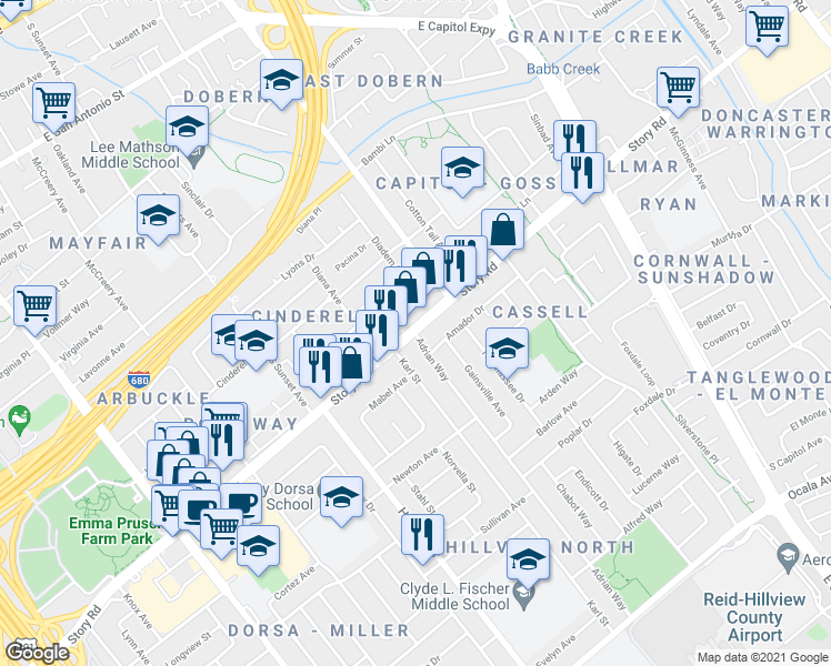 map of restaurants, bars, coffee shops, grocery stores, and more near Story Rd & Adrian Way in San Jose