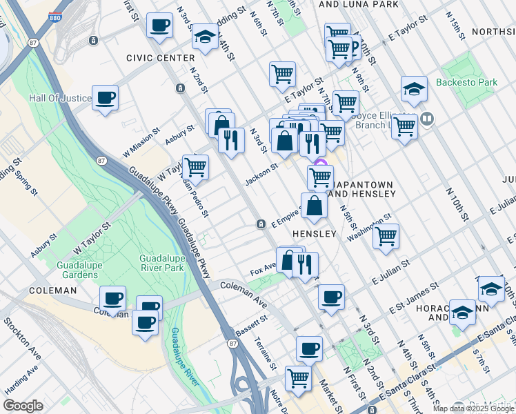 map of restaurants, bars, coffee shops, grocery stores, and more near in San Jose