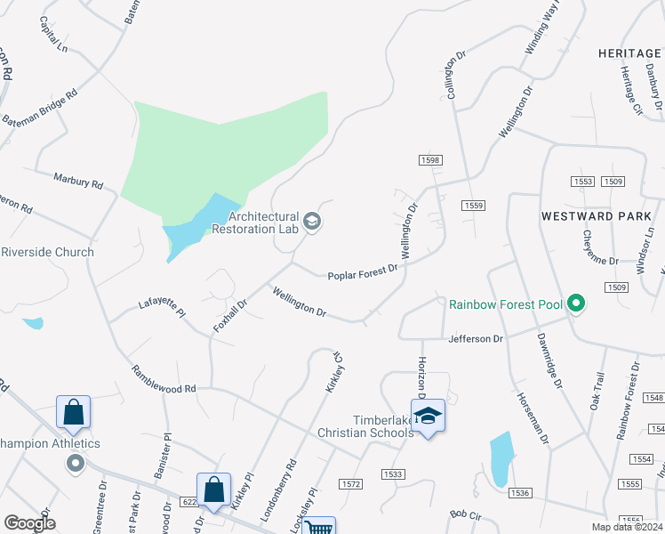map of restaurants, bars, coffee shops, grocery stores, and more near 581 Poplar Forest Drive in Forest