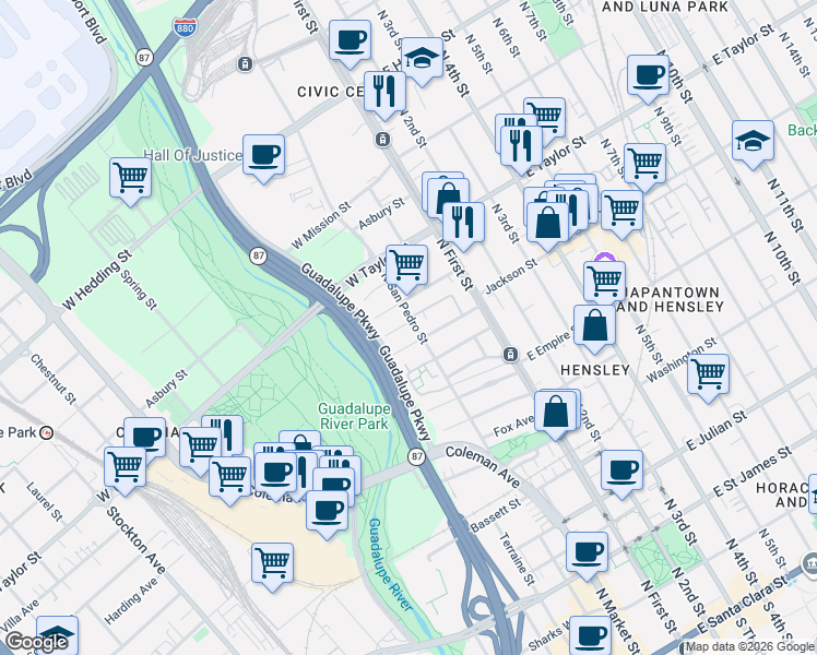 map of restaurants, bars, coffee shops, grocery stores, and more near 190 Acacia Street in San Jose