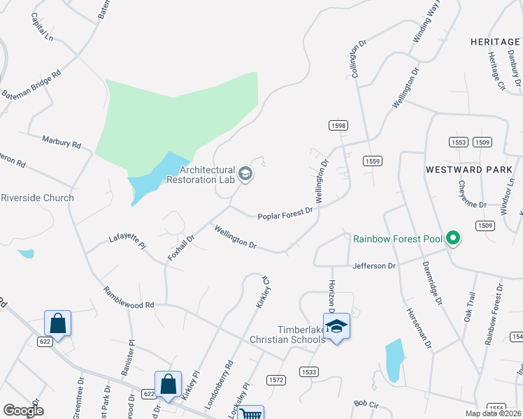 map of restaurants, bars, coffee shops, grocery stores, and more near 543 Poplar Forest Drive in Forest
