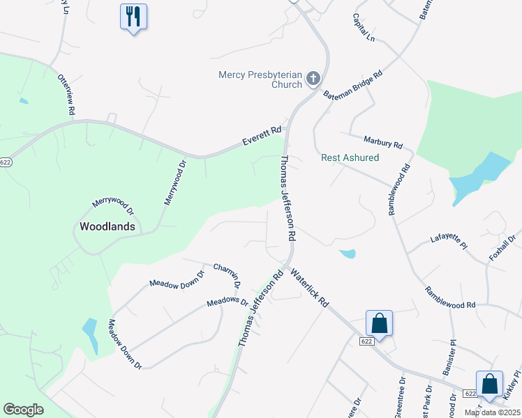 map of restaurants, bars, coffee shops, grocery stores, and more near 204 Omni Place in Forest