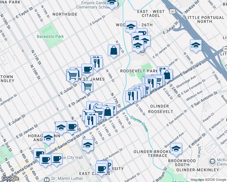 map of restaurants, bars, coffee shops, grocery stores, and more near 126 North 17th Street in San Jose