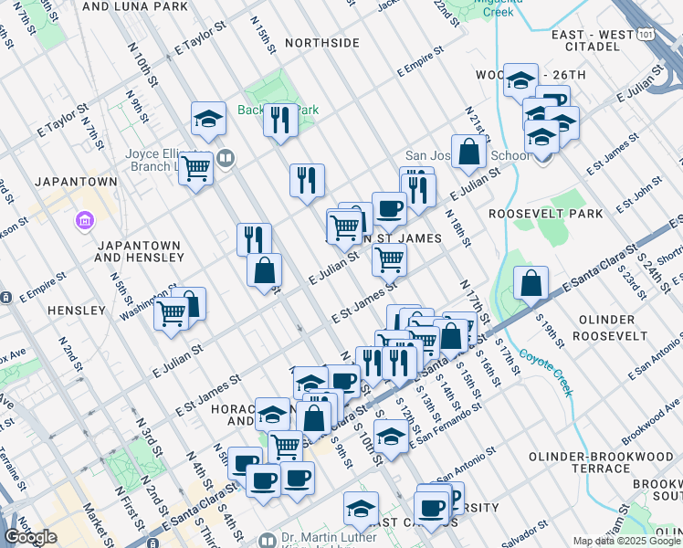 map of restaurants, bars, coffee shops, grocery stores, and more near 237 North 13th Street in San Jose