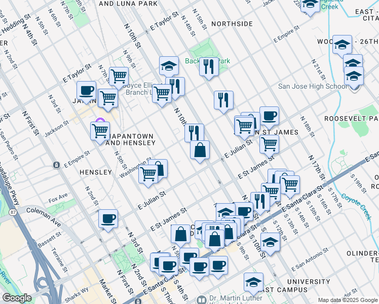 map of restaurants, bars, coffee shops, grocery stores, and more near 445 East Julian Street in San Jose