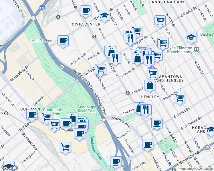 map of restaurants, bars, coffee shops, grocery stores, and more near 592 North San Pedro Street in San Jose