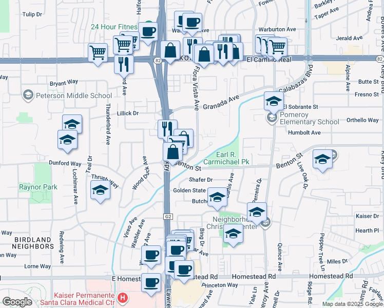 map of restaurants, bars, coffee shops, grocery stores, and more near 3794 Flora Vista Avenue in Santa Clara