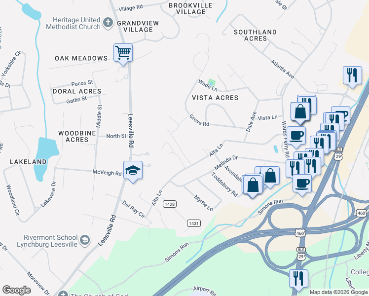 map of restaurants, bars, coffee shops, grocery stores, and more near 226 Alta Lane in Lynchburg