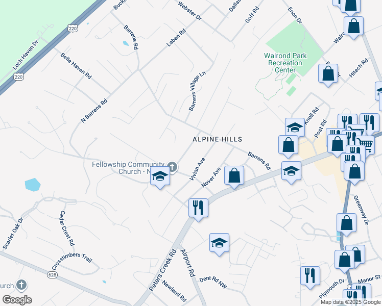 map of restaurants, bars, coffee shops, grocery stores, and more near 1140 Starmount Avenue in Hollins