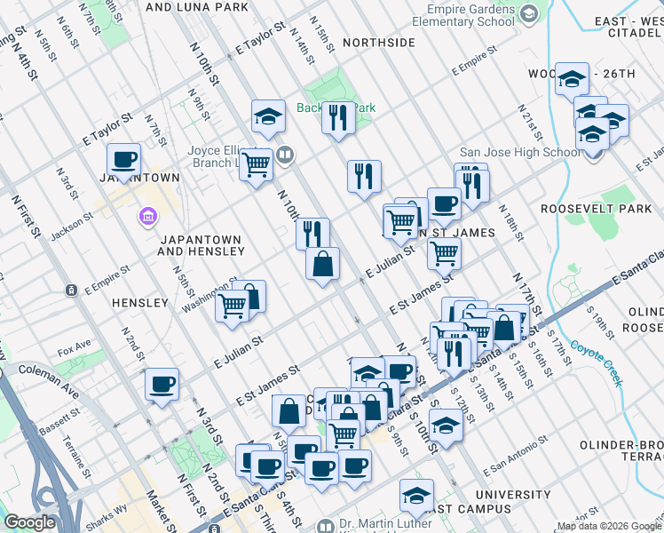 map of restaurants, bars, coffee shops, grocery stores, and more near 338 North 10th Street in San Jose