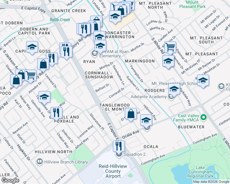 map of restaurants, bars, coffee shops, grocery stores, and more near 2754 Cornwall Drive in San Jose